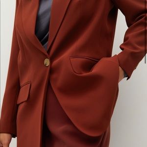 MANGO burgundy suit. Straight cropped trousers (Size 10) and blazer (Size 8).
